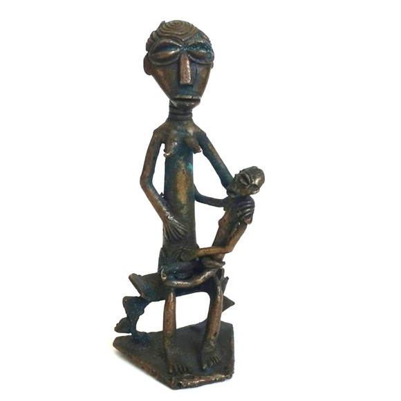 Antique Mother and Child Brass Bronzed Sculpture from Africa 5" (Very Old) - Picture 1 of 16
